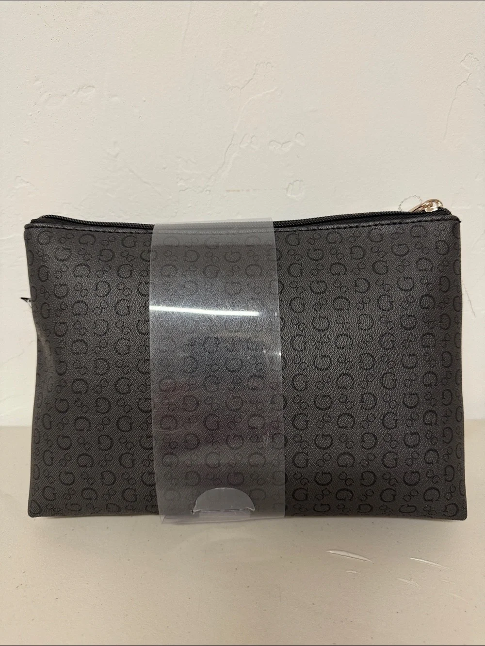 Guess Embossed Cosmetic Pouch Bag 2 pcs Set Full Zipper Black With Print logo